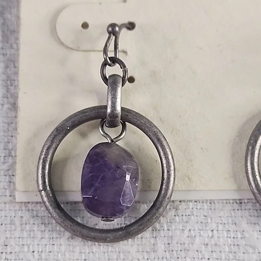 Earrings Amethyst Oval in Hoop Dangle Jewelry Canyon River Blues 1987 Hook VNTG